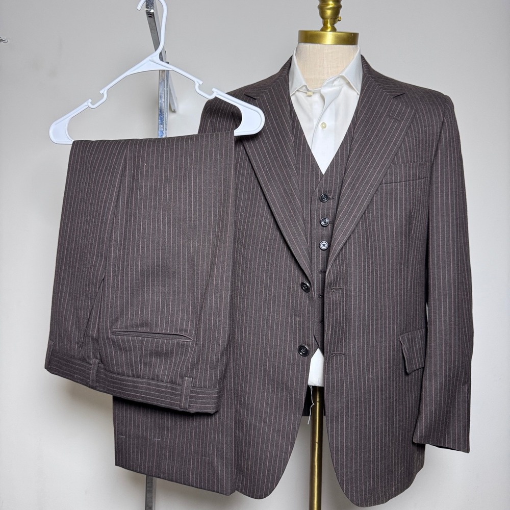1970s Hart Schaffner & Marx 3-Piece Suit Mens 42R 34x29 Brown Pinstripe Wool Vtg